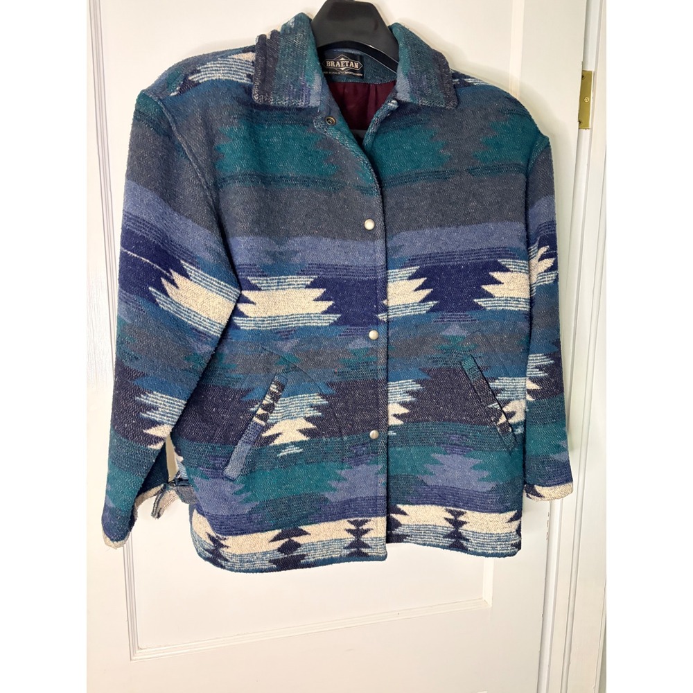 Vintage Braetan Southwestern Aztec Wool Blend Jacket Blue Teal Geometric Medium